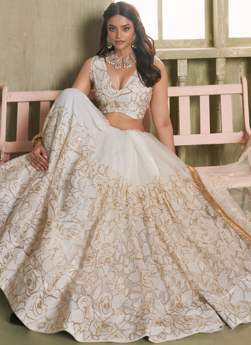 Charming Off white Net Party Wear Embroidered Lehenga Choli